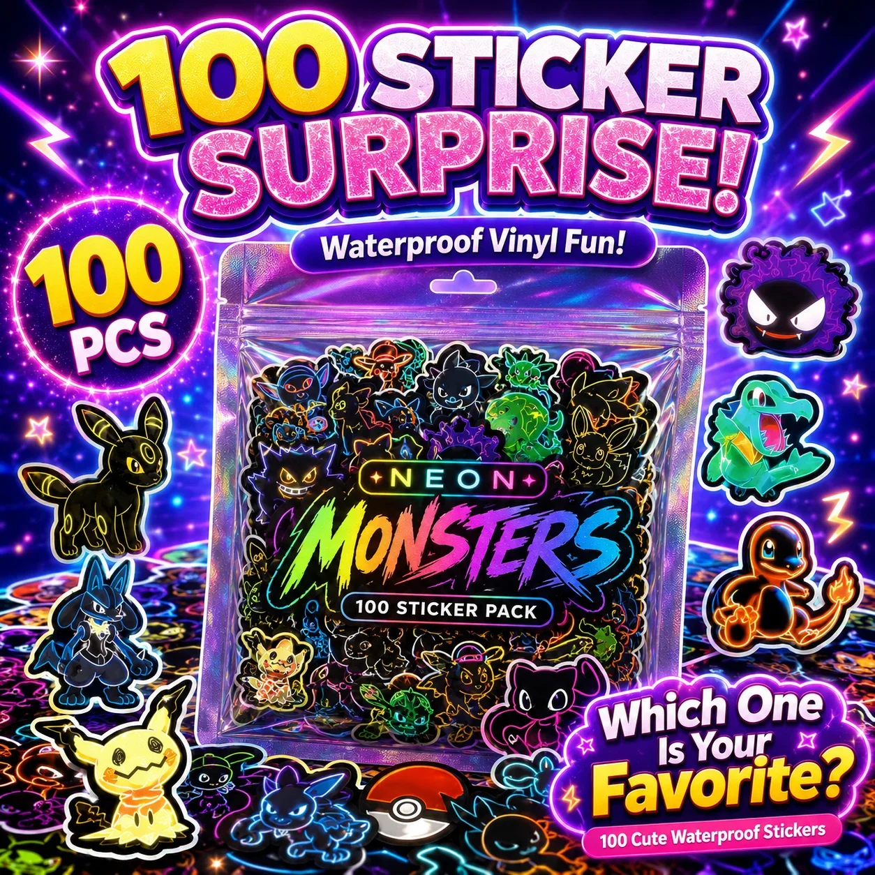 100 buah stiker Pokémon neon,  - Handbags ulasan dan harga